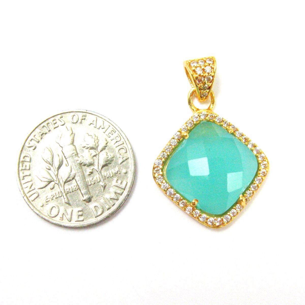 Vermeil Gold Peru Chalcedony Plated Bezel Gem Pendant,Cubic Zirconia Pave 17mm