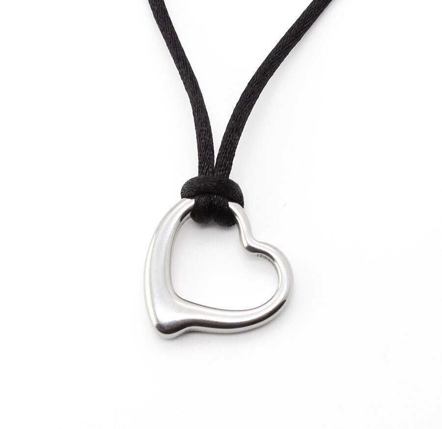Stainless Steel Heart Pendant Necklace with Satin Silk Cord – 16″ to 30″