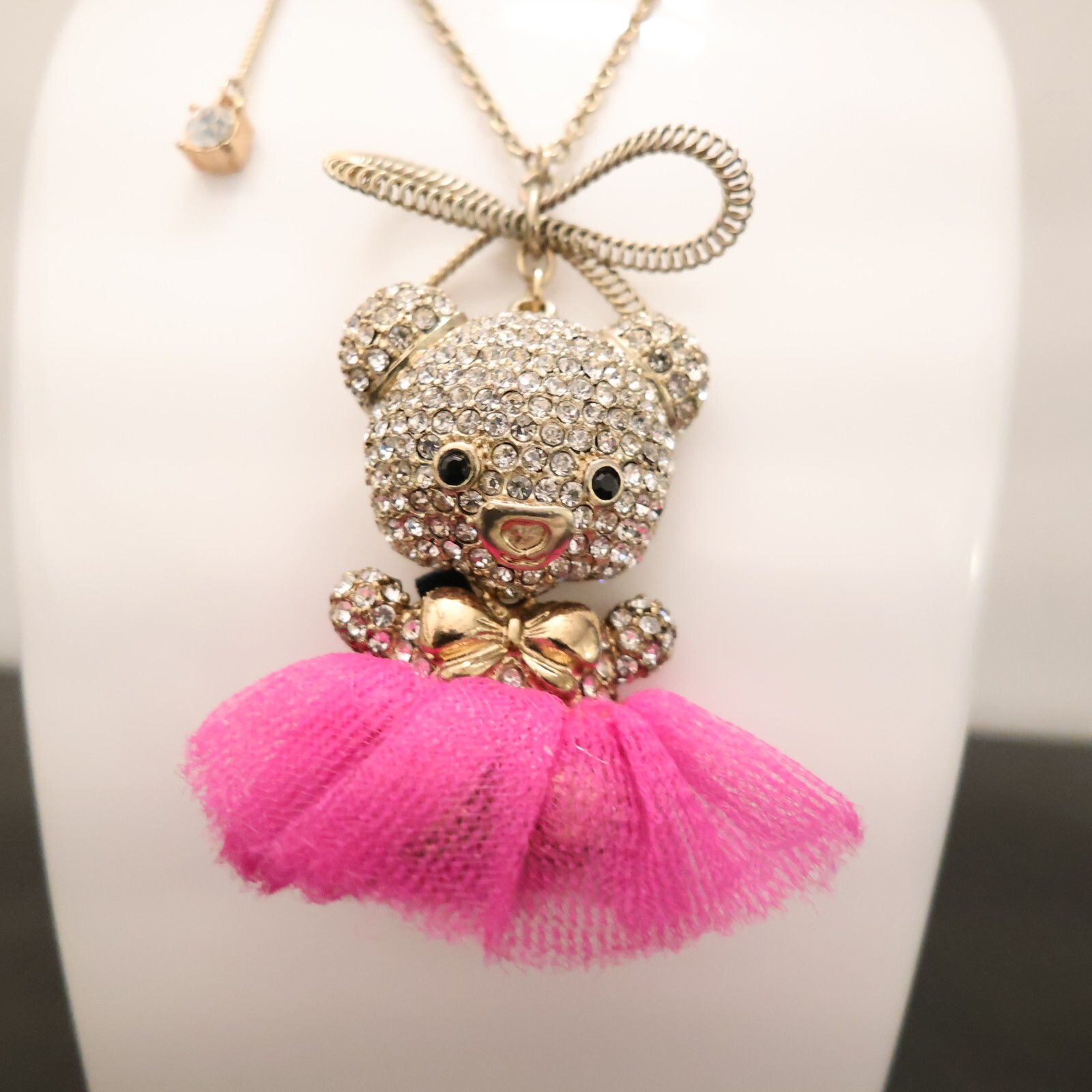 Betsey Johnson necklace teddy bear in ballerina costume magenta pink tutu signed