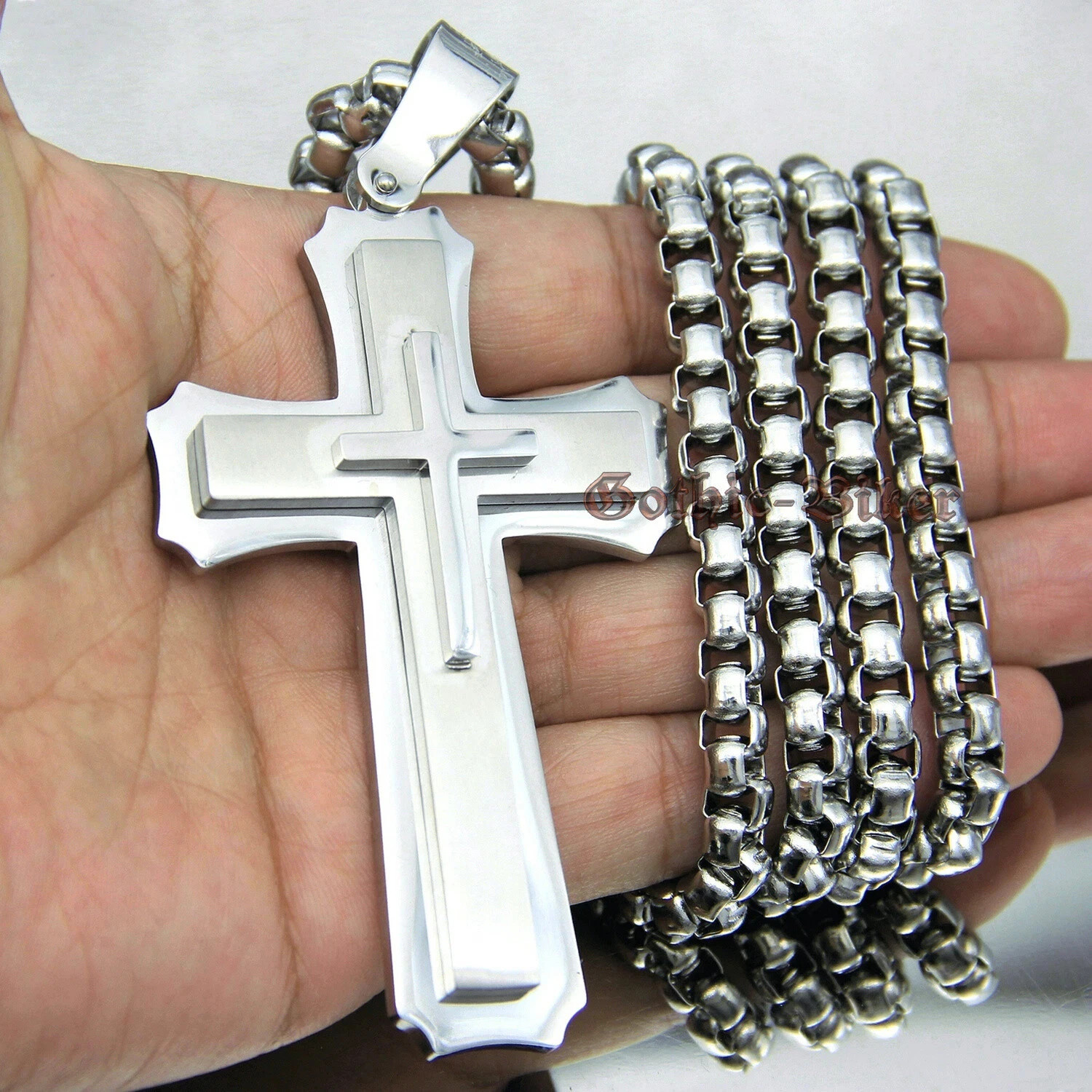 Huge Stainless Cross Men’s Necklace Pendant Heavy Large Silver Polished 3 Layer