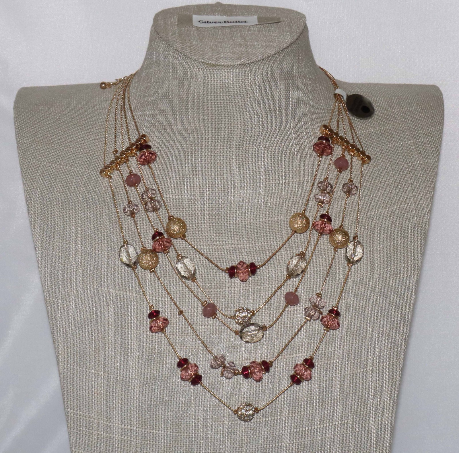 Gold Toned Pink and Clear Multi Layered Fashion Necklace w/tag