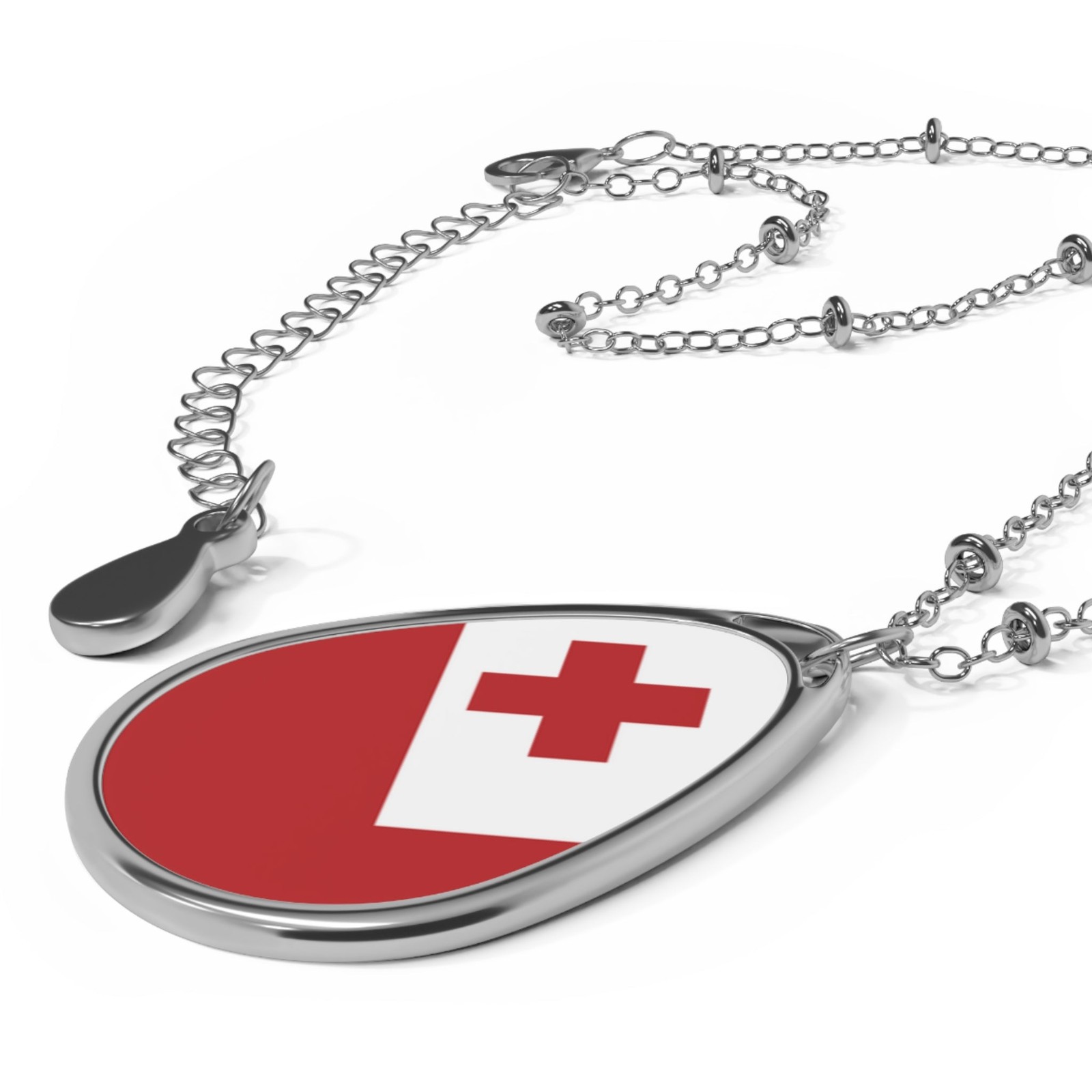 Tonga Flag Oval Necklace – Zinc Alloy Flag Pendant – One Size / Silver