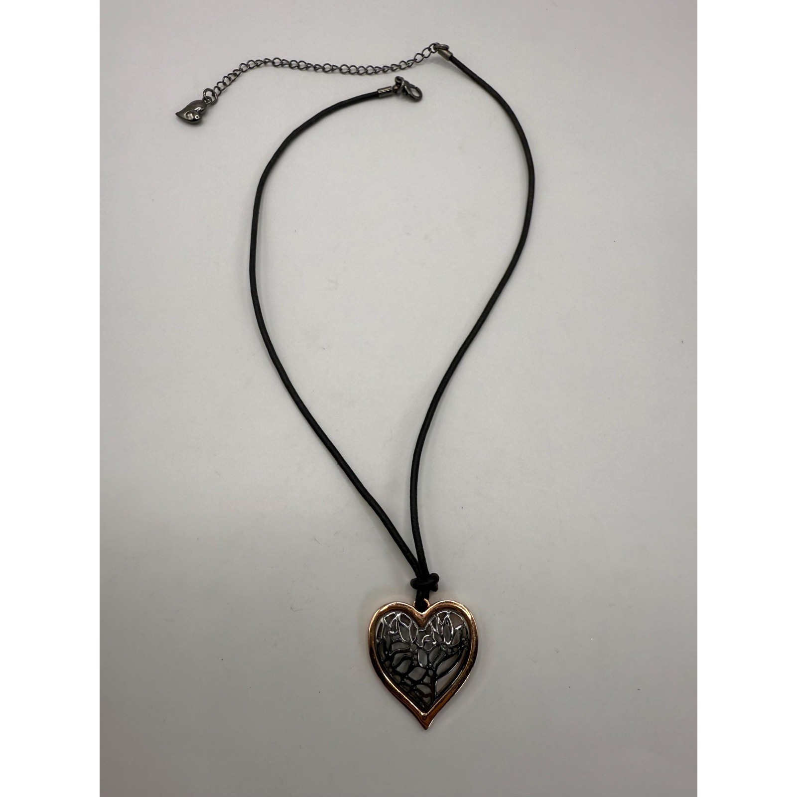 Two Tone Heart Pendant Necklace Black Cord Modern Statement