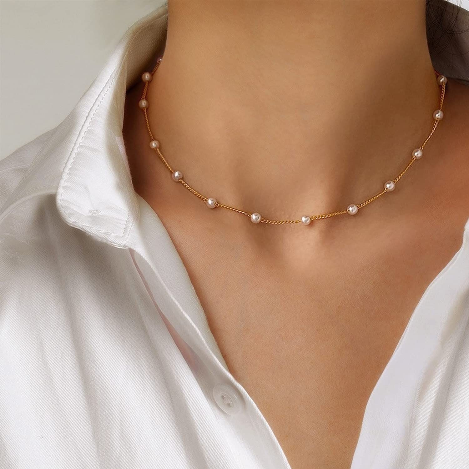 Elegant Gold Pearl Necklace – 14K Gold Plated Layered Herringbone Chain, Trendy