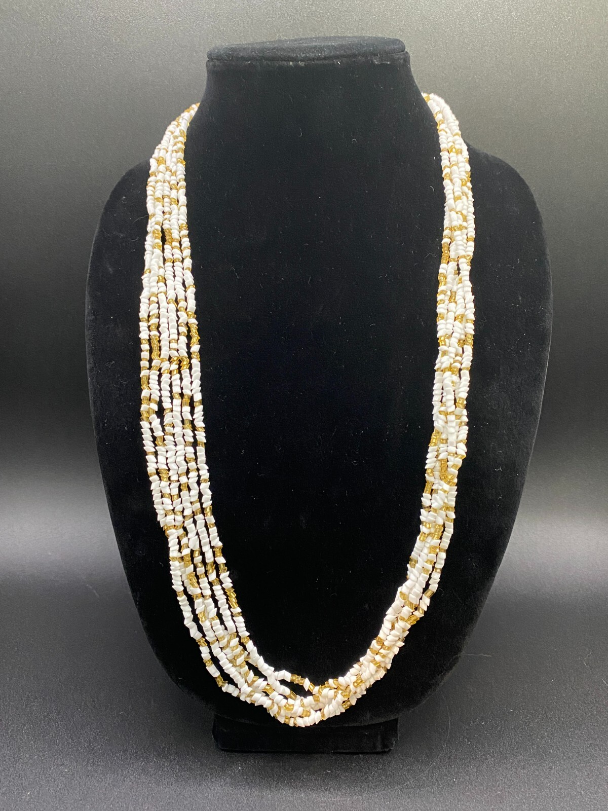 Necklace White and Gold Glass Bead Multistrand