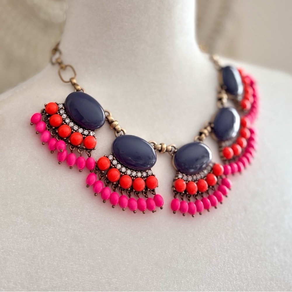 J.Crew Fan Fringe Statement Necklace Navy Blue Coral Pink Beaded Bib Chunky