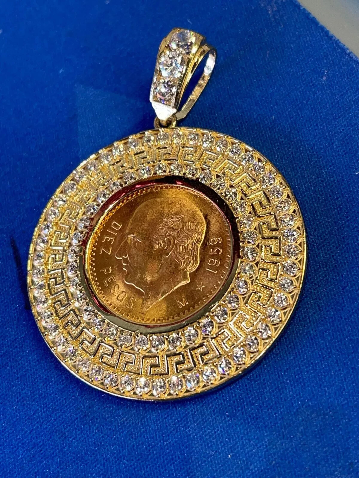 For 10 Peso Coin 11.5g 14k Yellow Gold Bezel Greek Key Bizel Moneda Cubic Zarcon