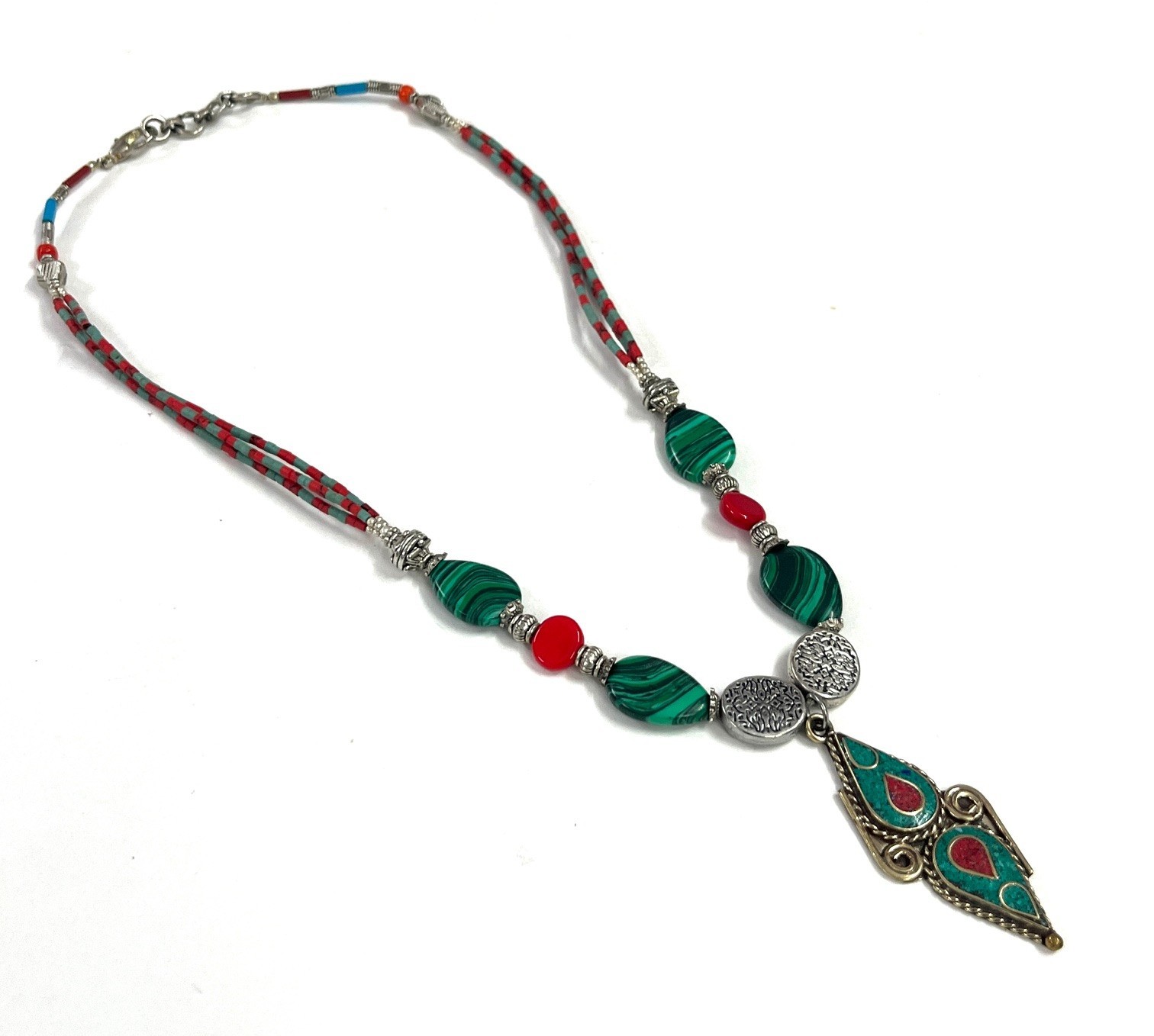 Art Deco Malachite Coral Gemstone Tibetan Necklace Jewelry, 18 Inc Adjs