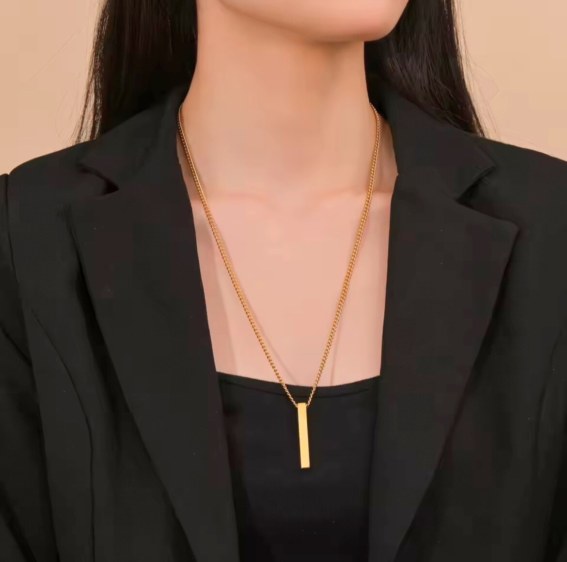 Minimalist Bar Pendant Necklace Stainless Steel 24” Chain Gold Silver Black