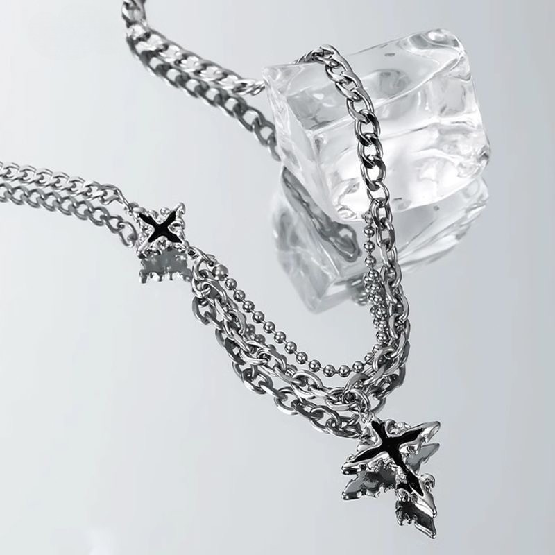 Double Layer Flame Cross Necklace Silver Black Unisex Y2K Mixed Chain Pendant