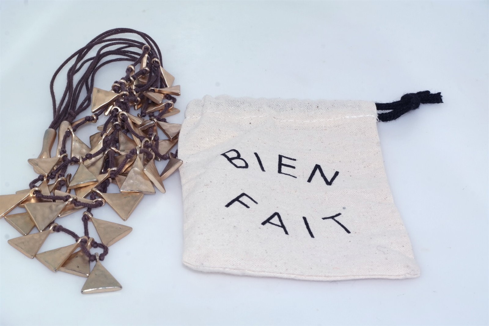 Artisan BIEN FAIT OOAK Brass Triangular Tassel Bib Necklace with pouch