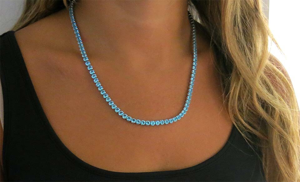 Women’s 18k White Gold Plated Light Blue CZ 4MM Round Cut Tennis Necklace – 18″