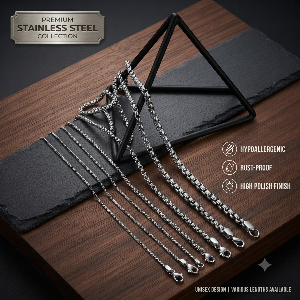 Stainless Steel with Square Rolo Link Chain box, Necklace for Women