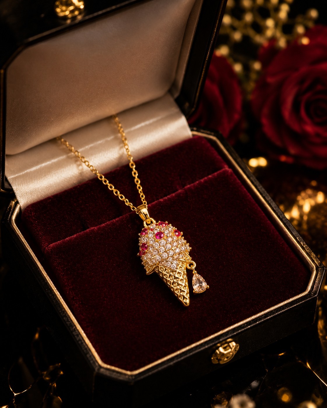 Ice Cream Cone CZ Crystal Pendant Necklace – Gold Tone, Pink Accents, 18″ Chain