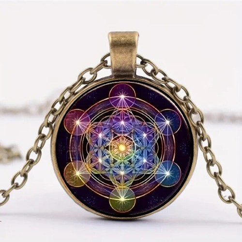 Bronze Geometry Metatron Cube Pattern Cabochon Glass Pendant Necklace