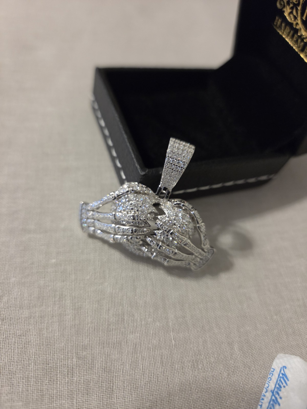 Moissanite Pendant Skeleton Hands Holding a Broken Heart, Harlem Bling