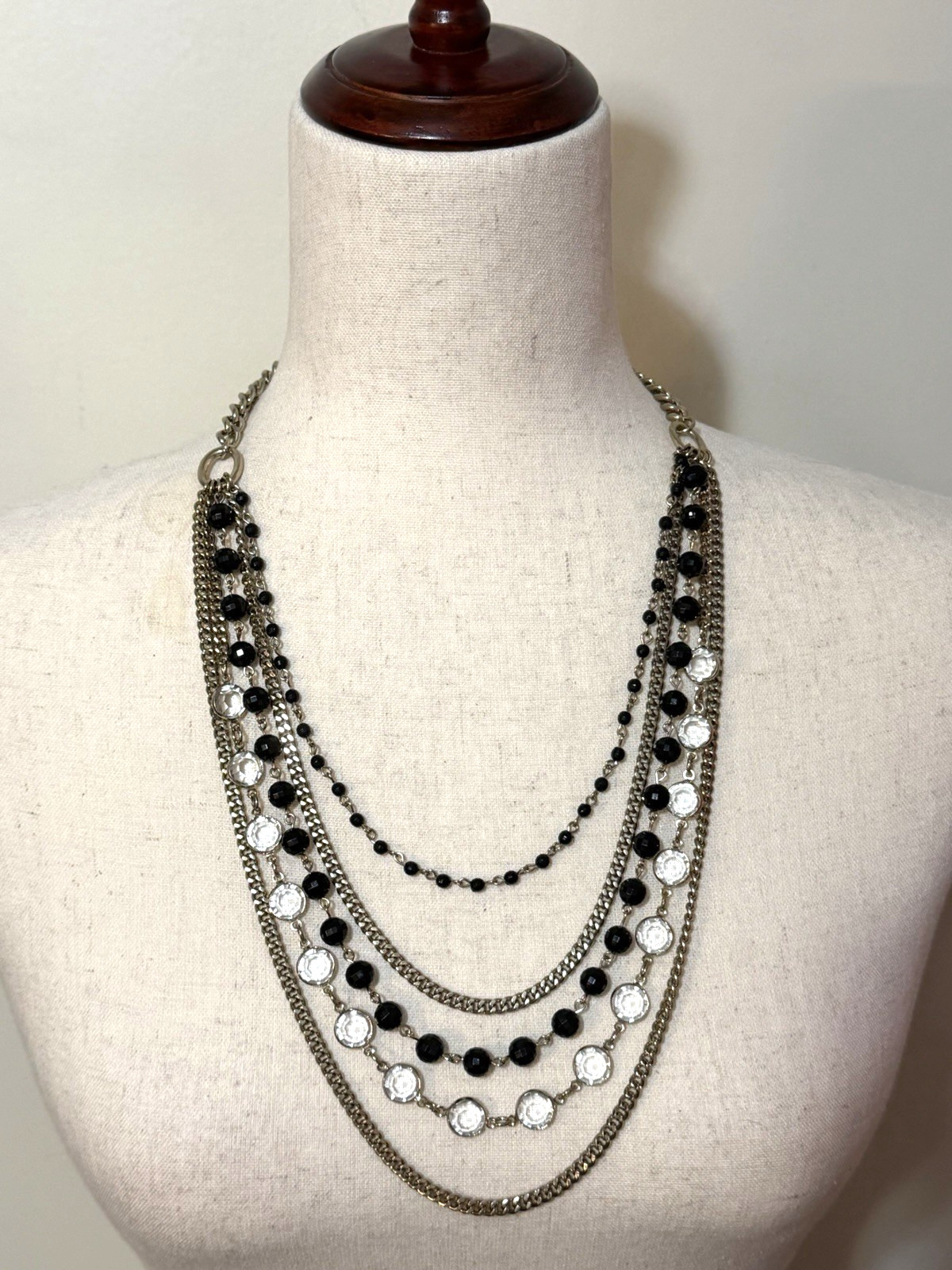 Coldwater Creek Multi Strand Necklace Black Bead Clear Crystal Silver Tone