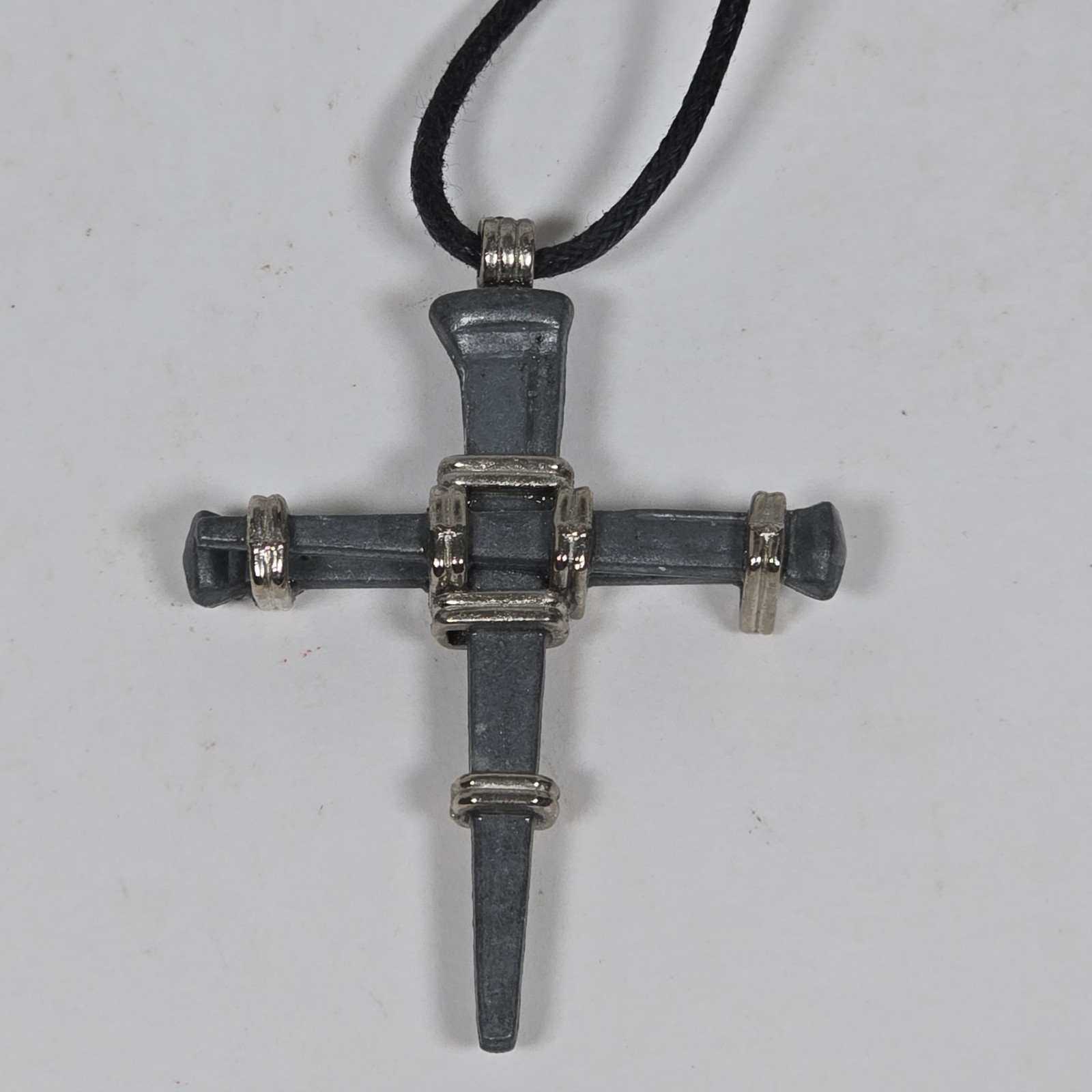 Forged Nail Cross Necklace Rustic Metal Pendant on Black Cord Wit Rugged Design