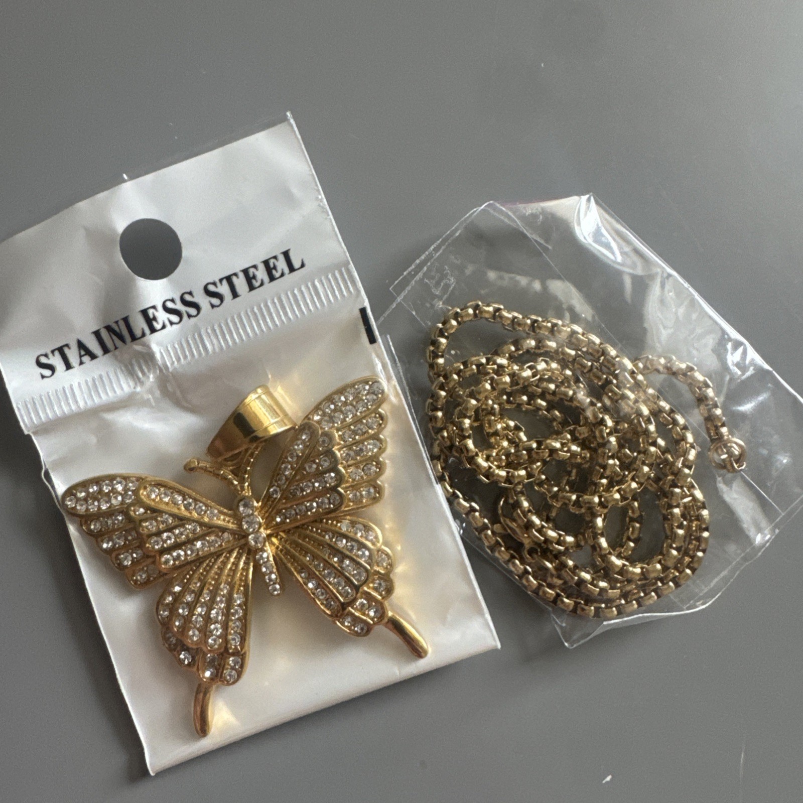 Butterfly Gold Tone Pendant Necklace Stainless Steel Gift Her Cubic Zirconia Fly