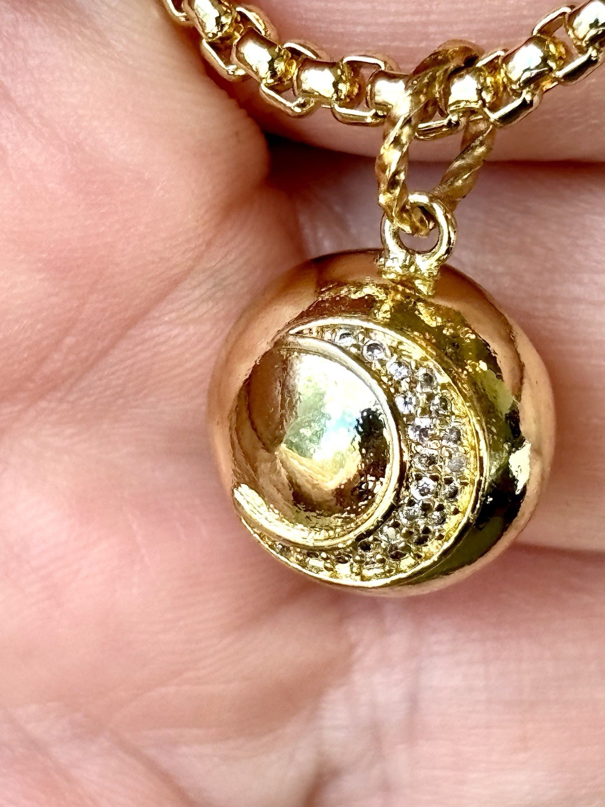 Pave Moon Ball Gold Tone Pendant with Stars Rounded Box Chain Necklace 16″ – 18″