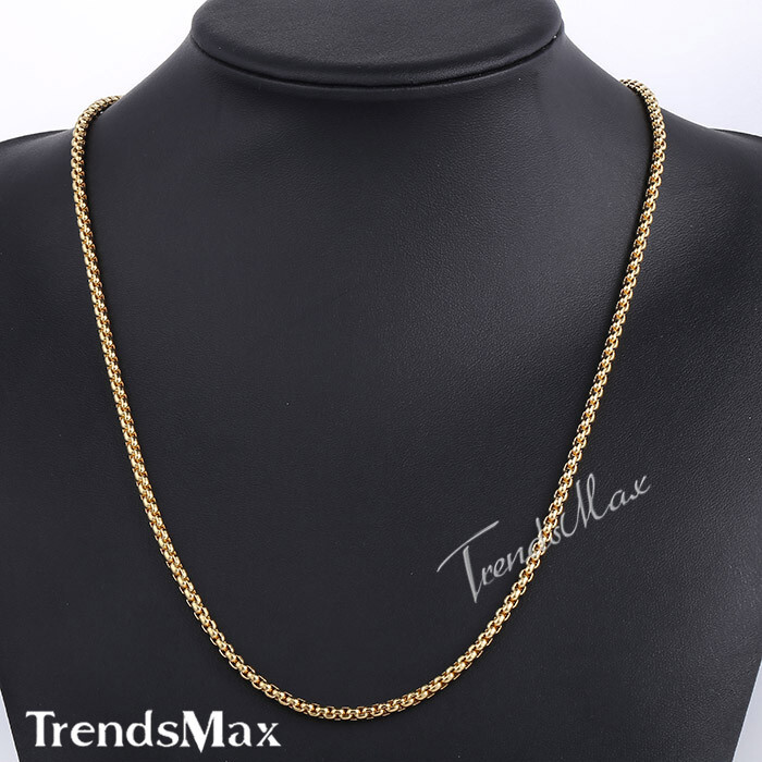 4mm Mens Womens Chain Gold Plated Stainless Steel Round Box Link Necklace 18-28″