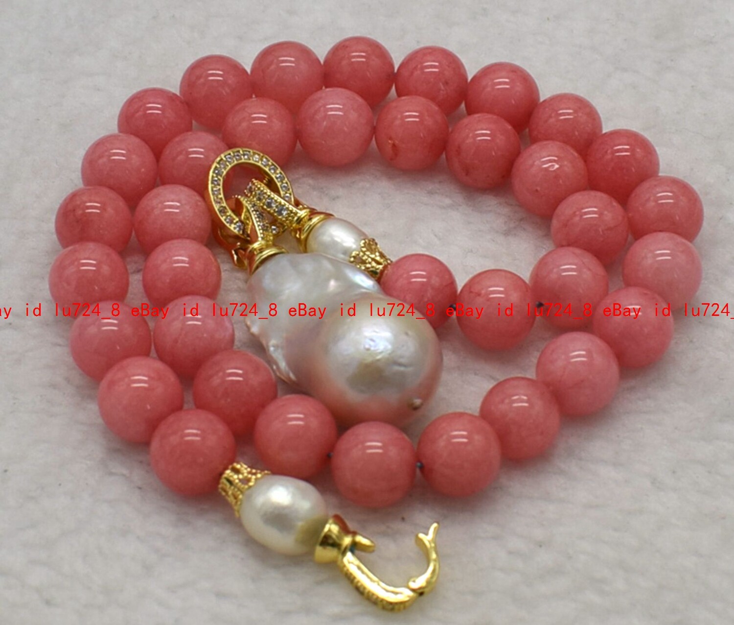 Natural Pink Rhodochrosite Round Gems White Keshi Baroque Pearl Pendant Necklace