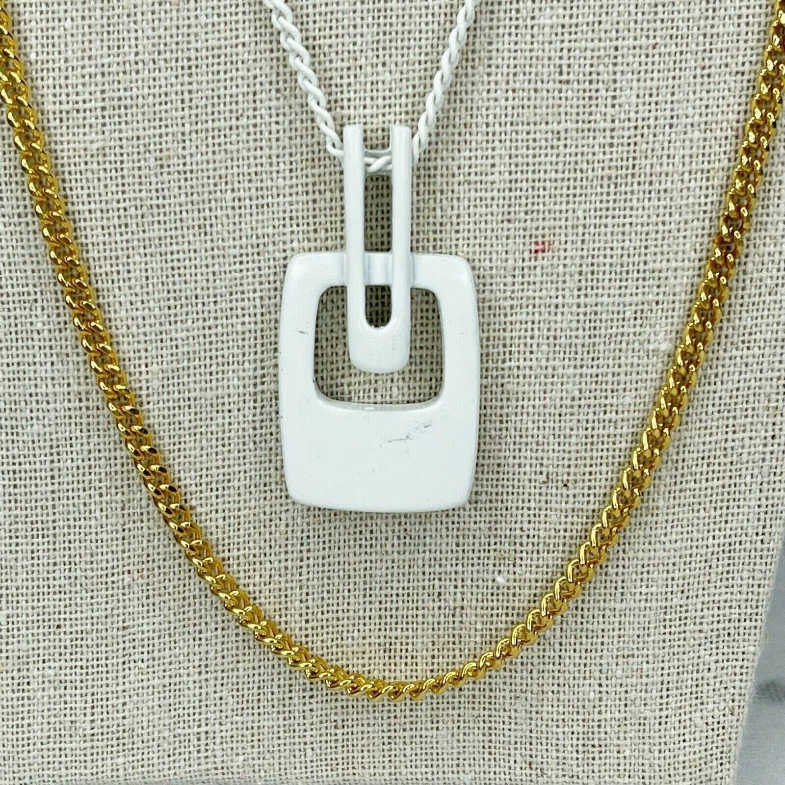 White and Gold Tone Double Strand Pendant Chain Link Necklace