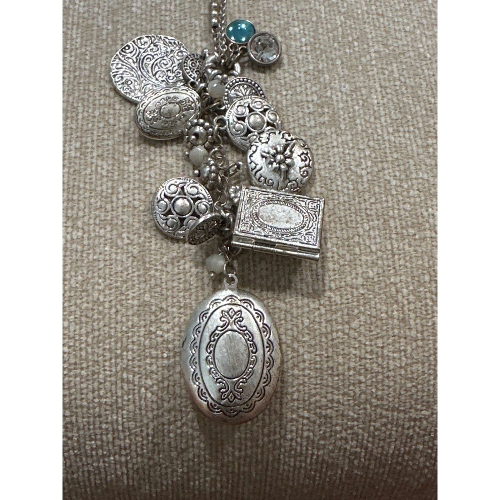 Silver Tone Long Charm Locket Necklace Boho Cluster Medallion Book Oval Pendants