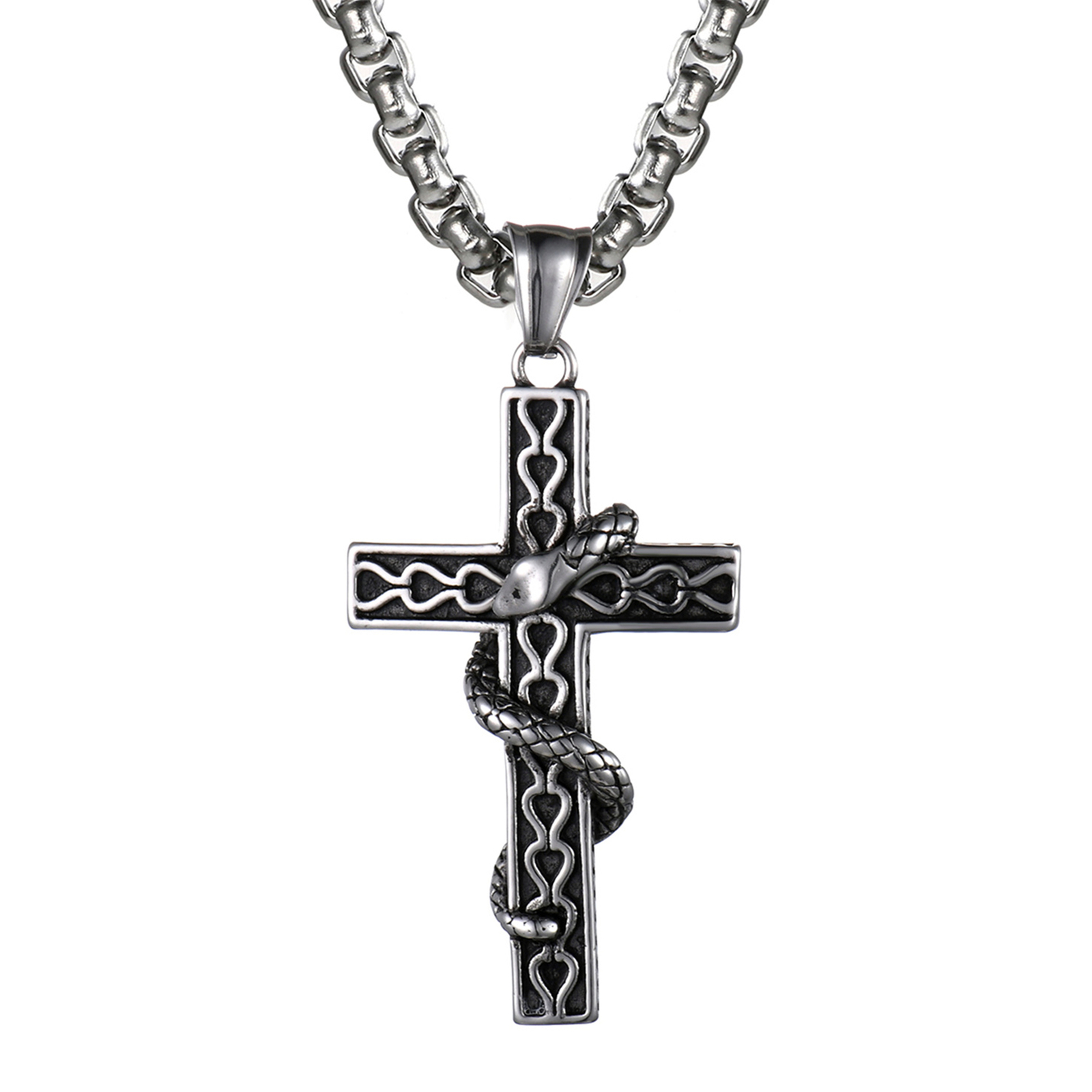Mens Boys Vintage Biker Stainless Steel Snake Cross Pendant Amulet Necklace 22″