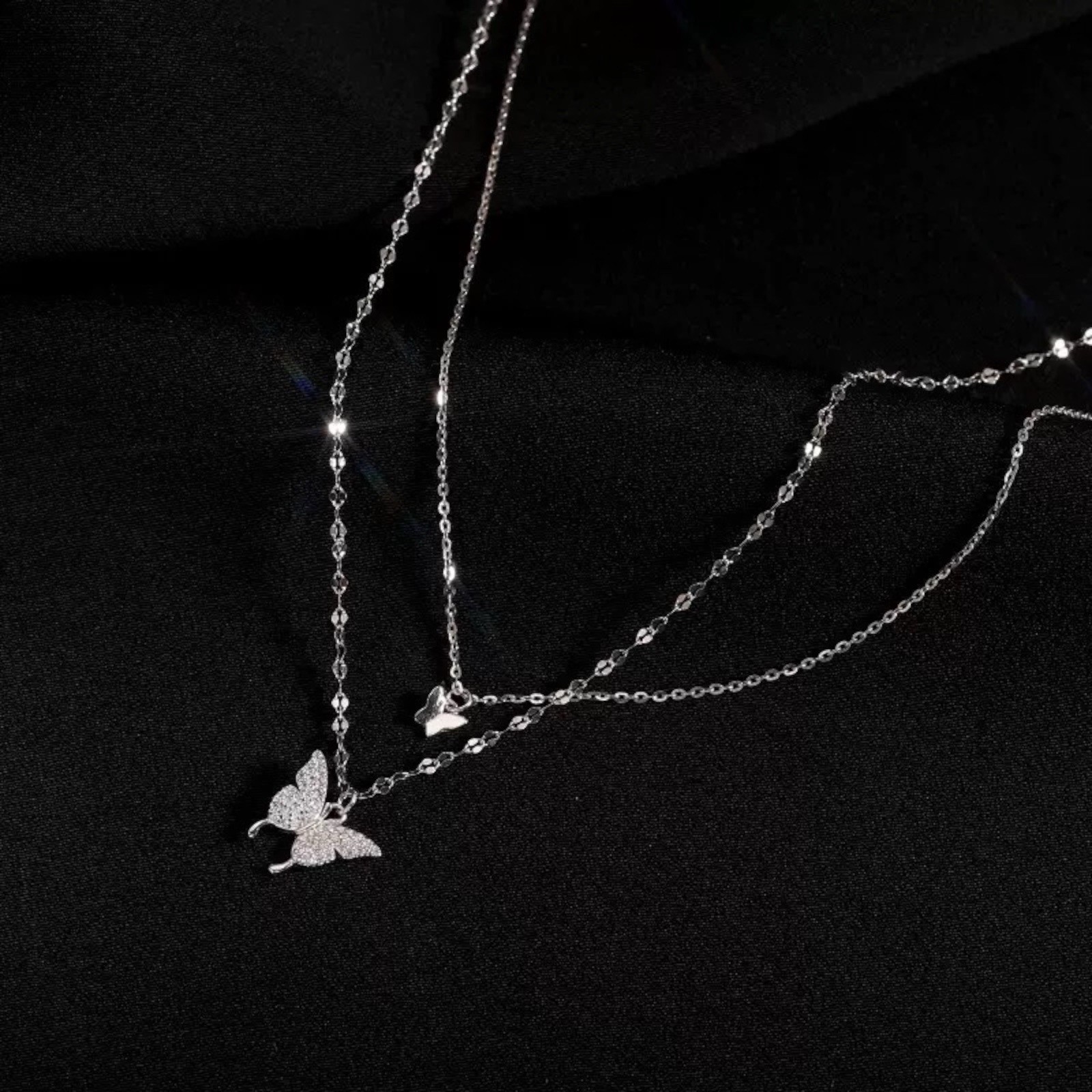 925 Silver Plated Double Butterfly Zircon Necklace Clavicle Jewelry A87