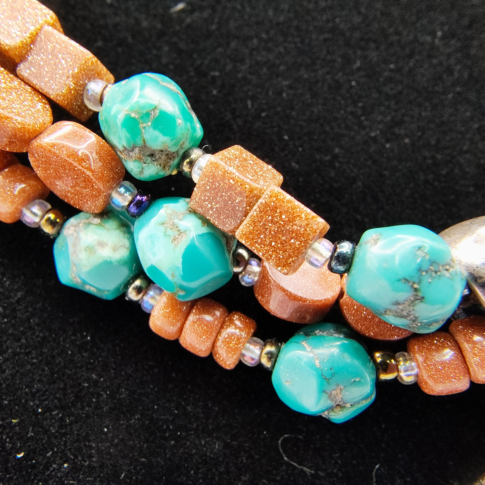 Faux Turquoise Pendant Necklace 925 Sterling Glitter Copper Color Bead Boho