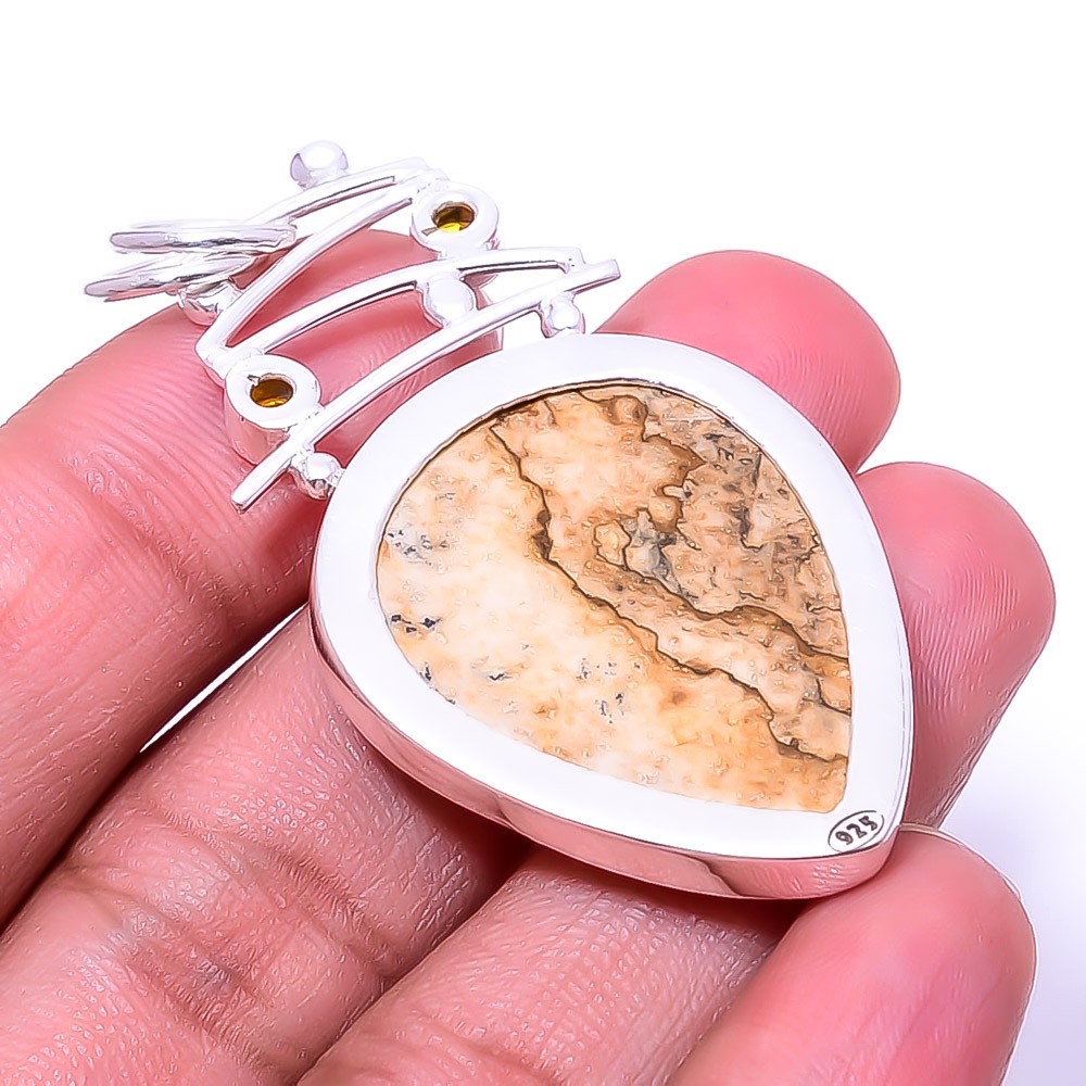 Picture Jasper – Oregon & Citrine Designer 925 Sterling Silver Pendant 2.11″ P32