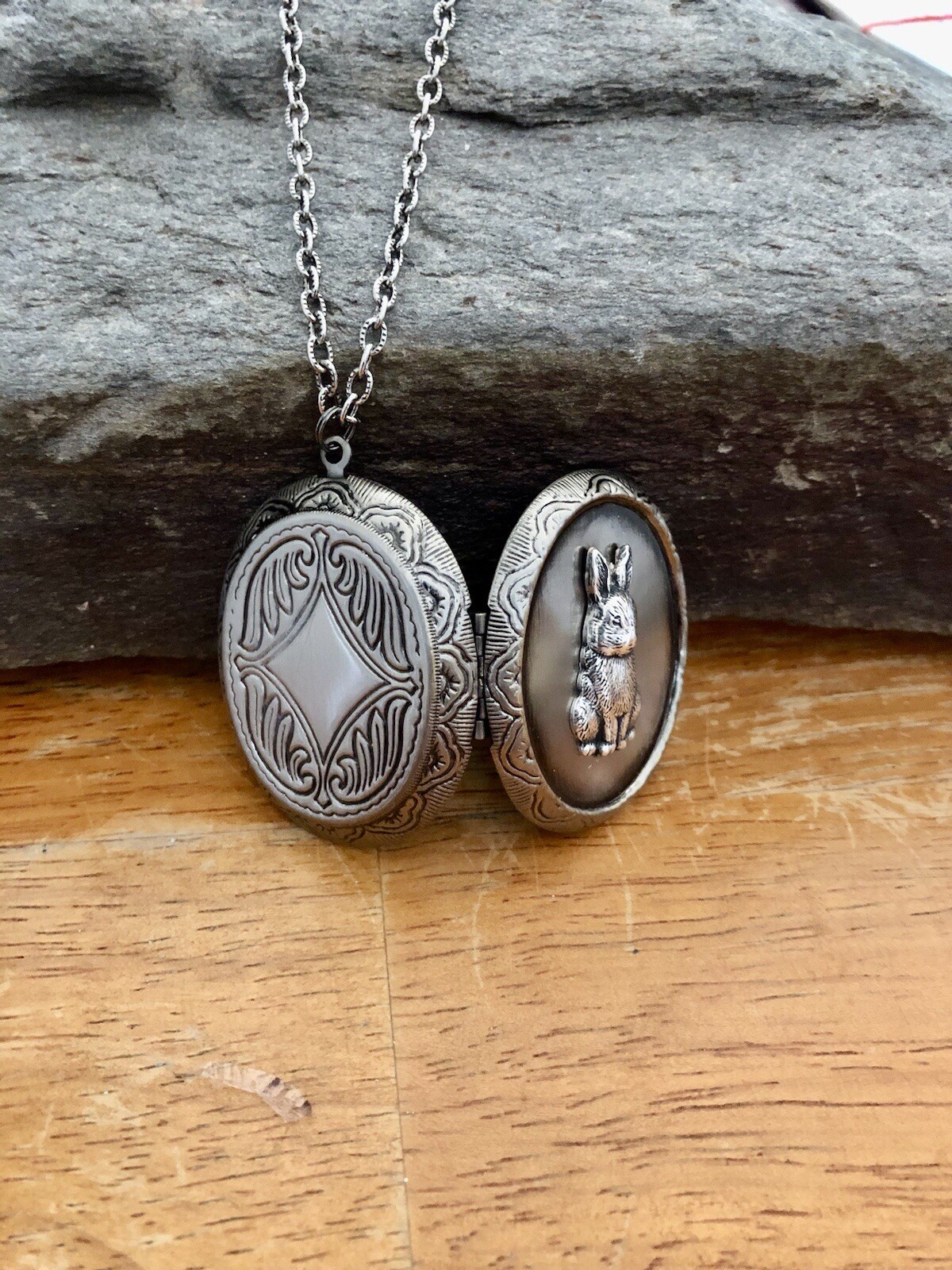 Bunny Rabbit Locket Necklace Antique Silver Victorian Photo Pendant