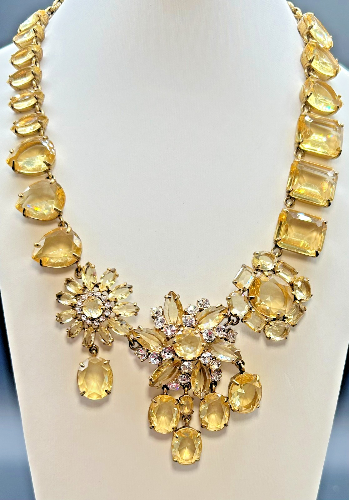 J Crew Yellow Citrine Crystal Rhinestone Cluster Bib Statement Necklace VTG NWOT