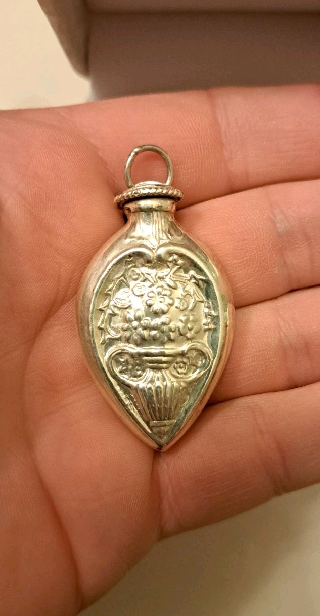 Antique Sterling Silver Perfume Bottle Necklace Floral Motif with Silver Chain