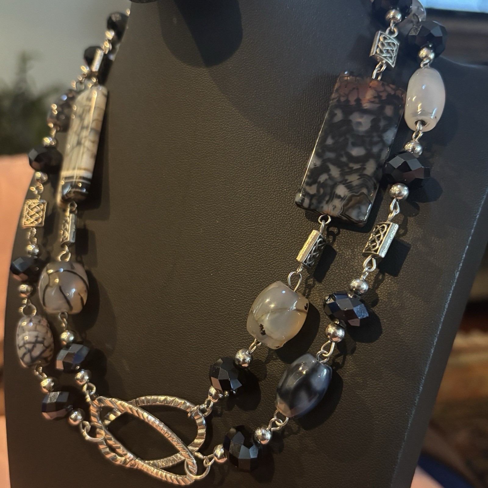 Vintage Boho Long Silver Chain Necklace Mixed Grey Black Agate Stone Beads 32”
