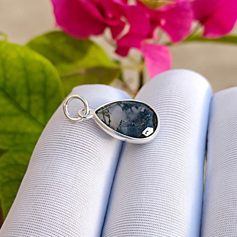 Natural Pear Moss Agate Gemstone Charm Pendant 925 Solid Silver Jewelry for All