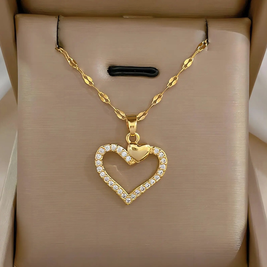 1pc Heart Zirconia Necklace Gold Color Stainless Steel O-Chain – NEW