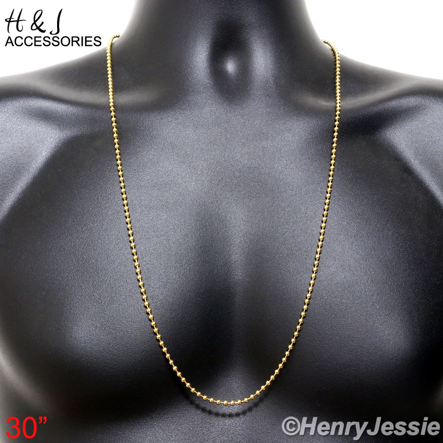 30″MEN WOMEN Stainless Steel 2.5mm Gold Plated Beads Ball Link Chain Necklace