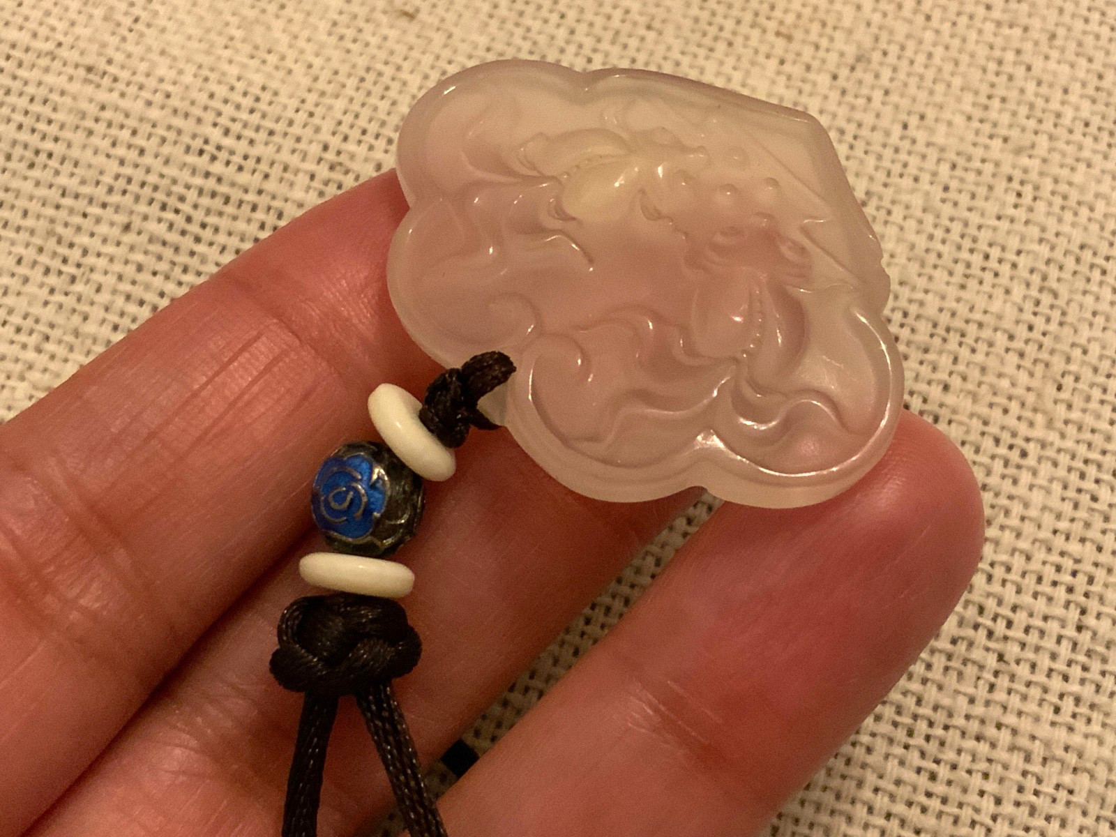 Vintage Jade translucent Phoenix pendant blue cloisonné bead cord necklace