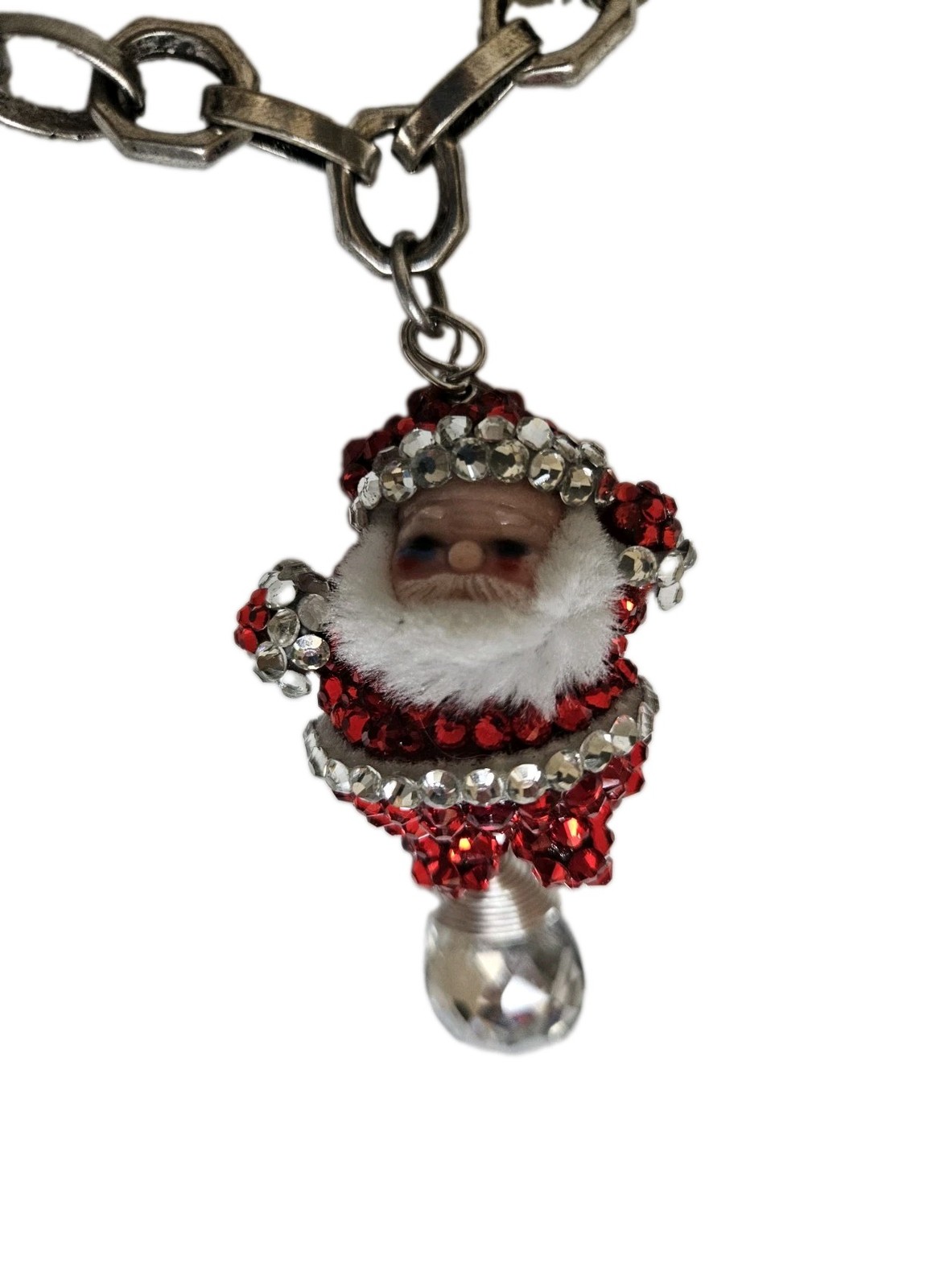 Santa necklace with red & silver rhinestones and white fur trim & crystal…