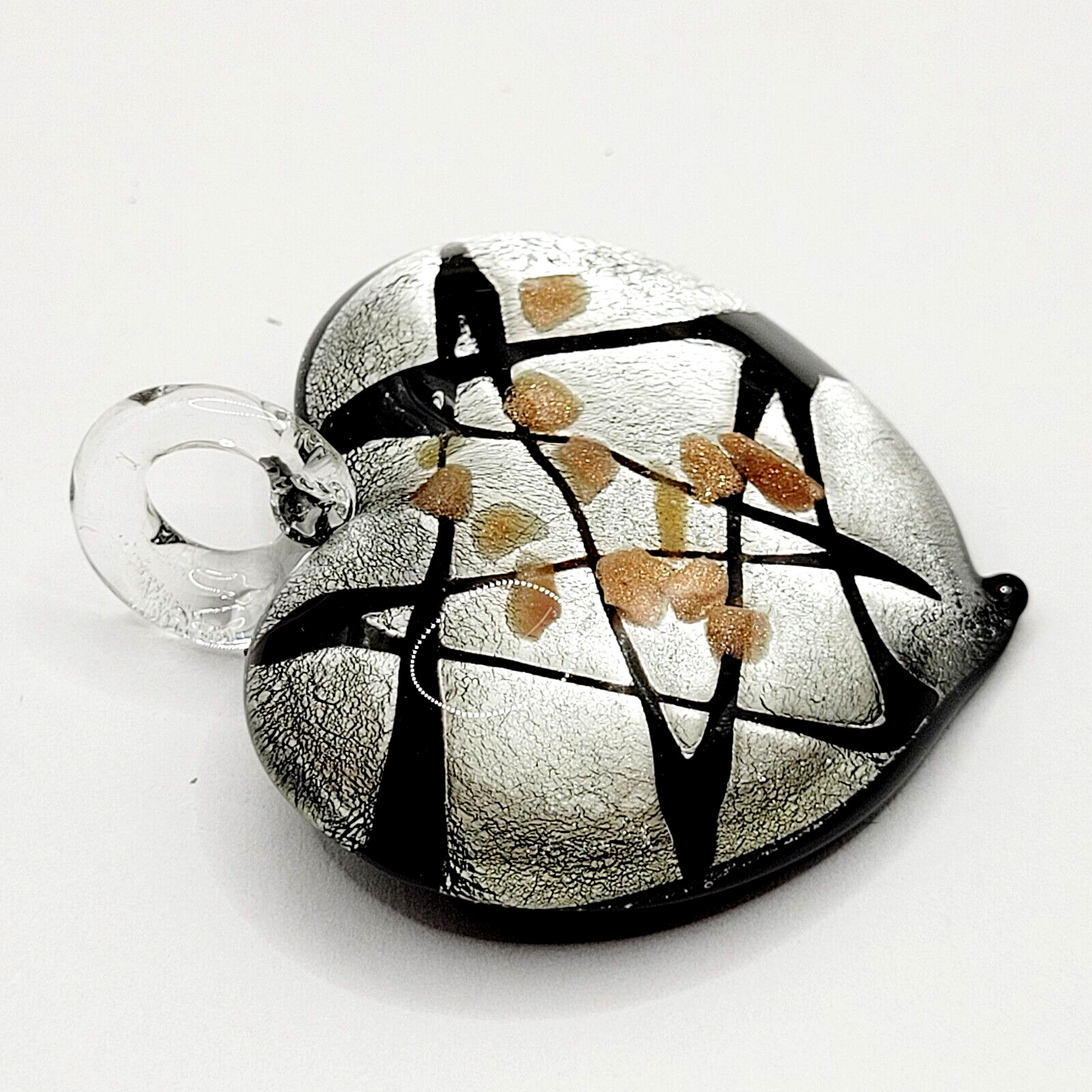 Artisan Modern Art Glass Heart Pendant Silver Black Gold Color Foiled Glitter