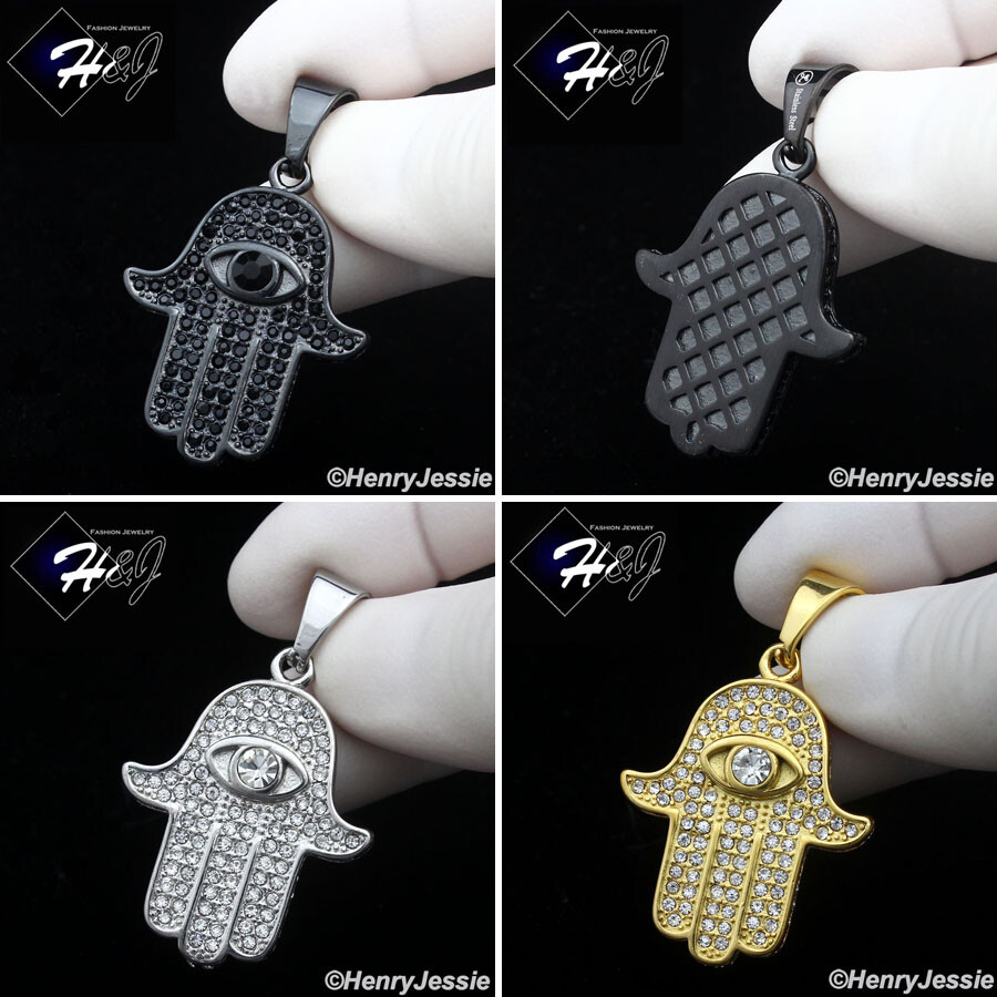 Stainless Steel Gold/Silver/Black Plated Icy CZ Evil Eye Hamsa Hand Pendant*P140