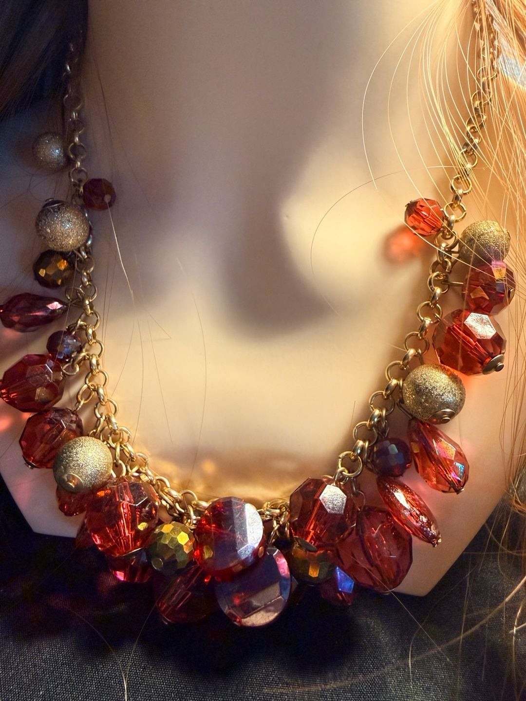 Chico’s Goldtone Cluster Necklace with Red Faceted Beads and Matte Gold Spheres