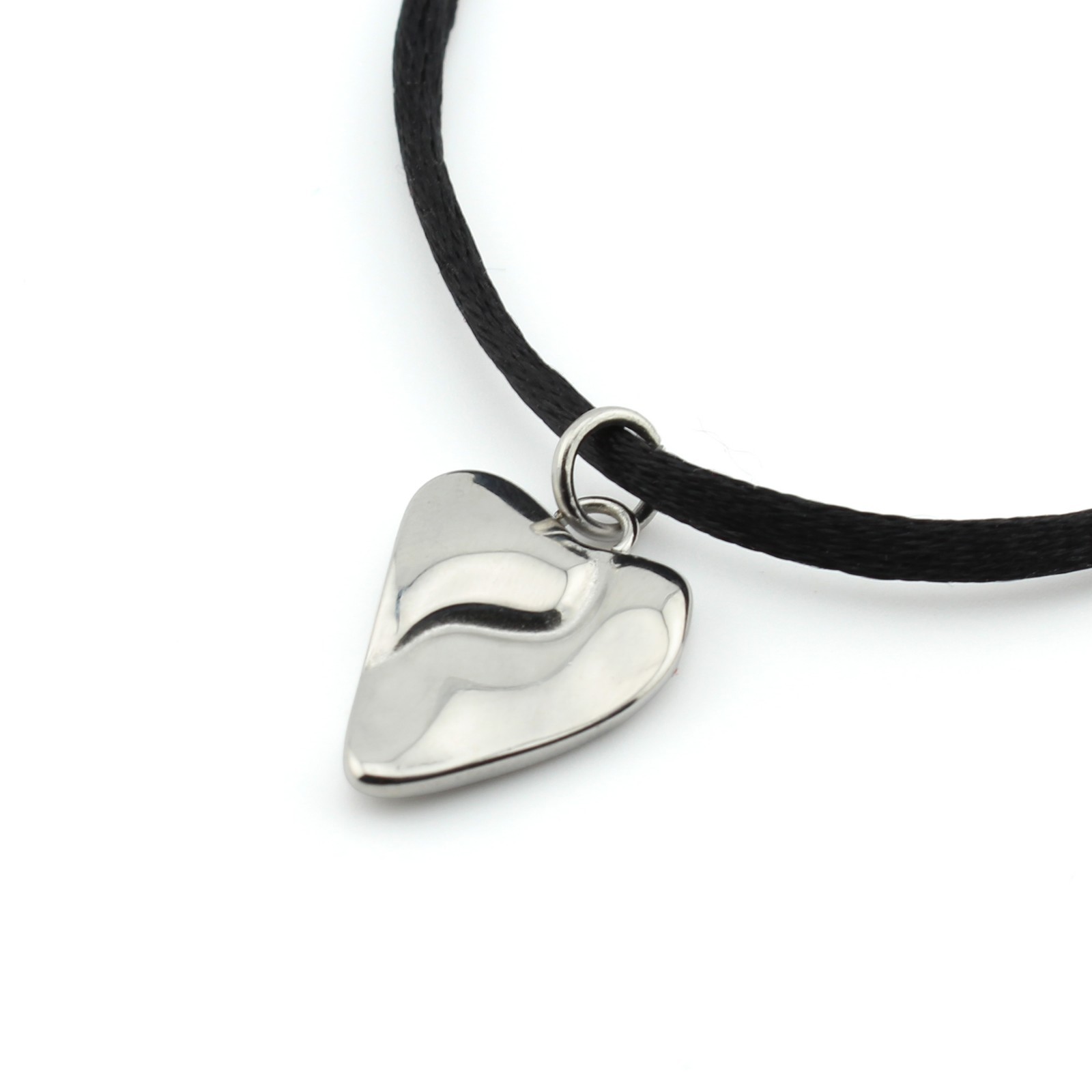 Silver Heart Pendant Necklace Black Satin Silk Cord Stainless Steel Jewelry