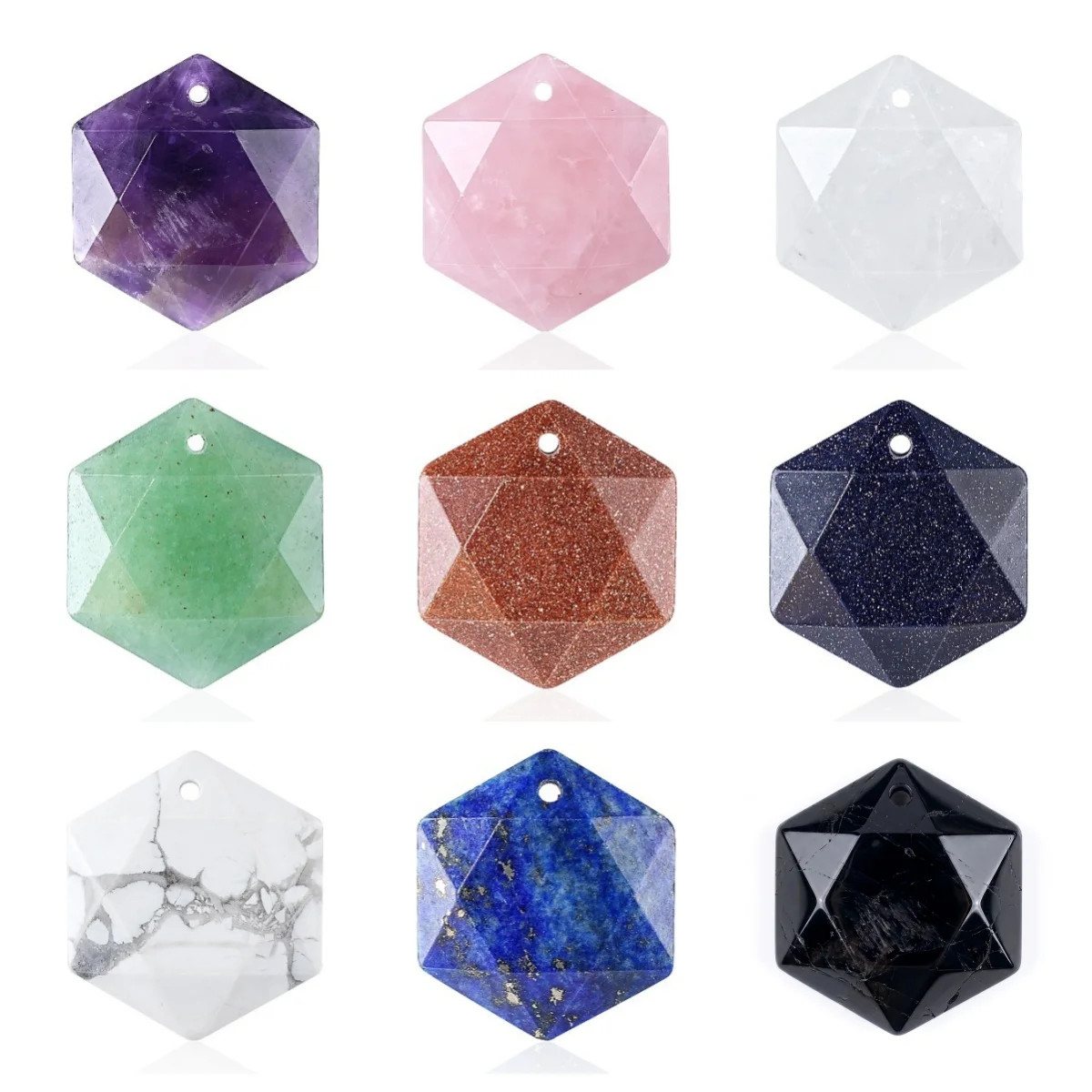 6PCS 22mm Faceted Hexagon Stone Pendants Healing Crystal Charm DIY Jewelry