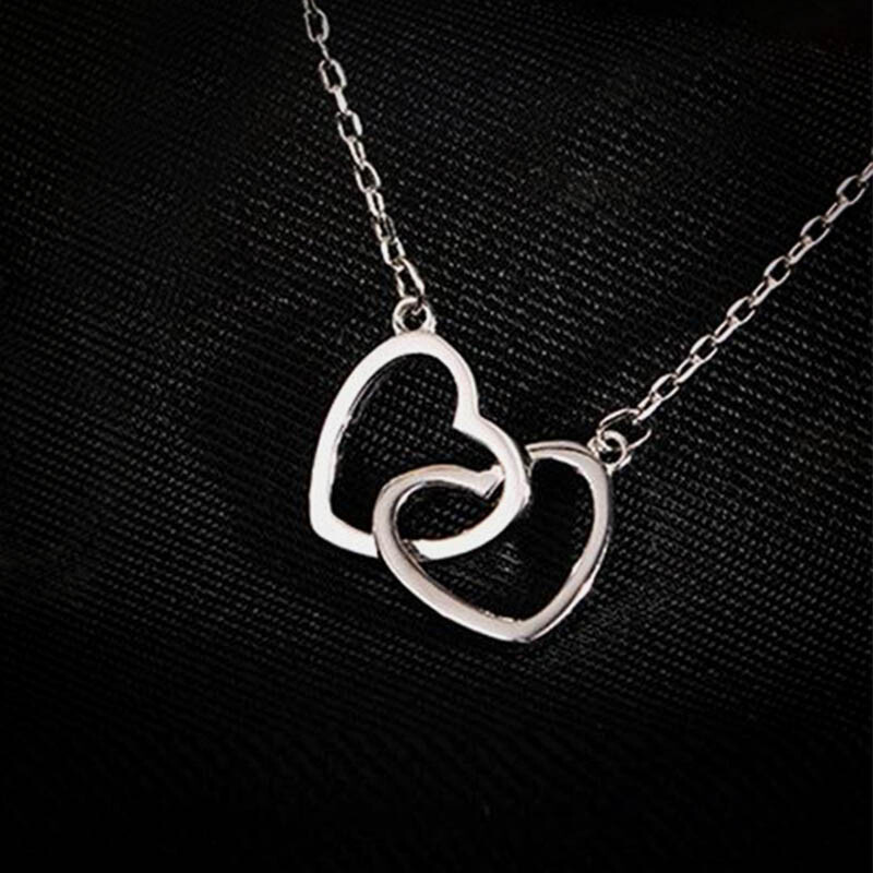 Women Fashion 925 Sterling Silver Interlocked Heart Beauty Lover Necklace Chain