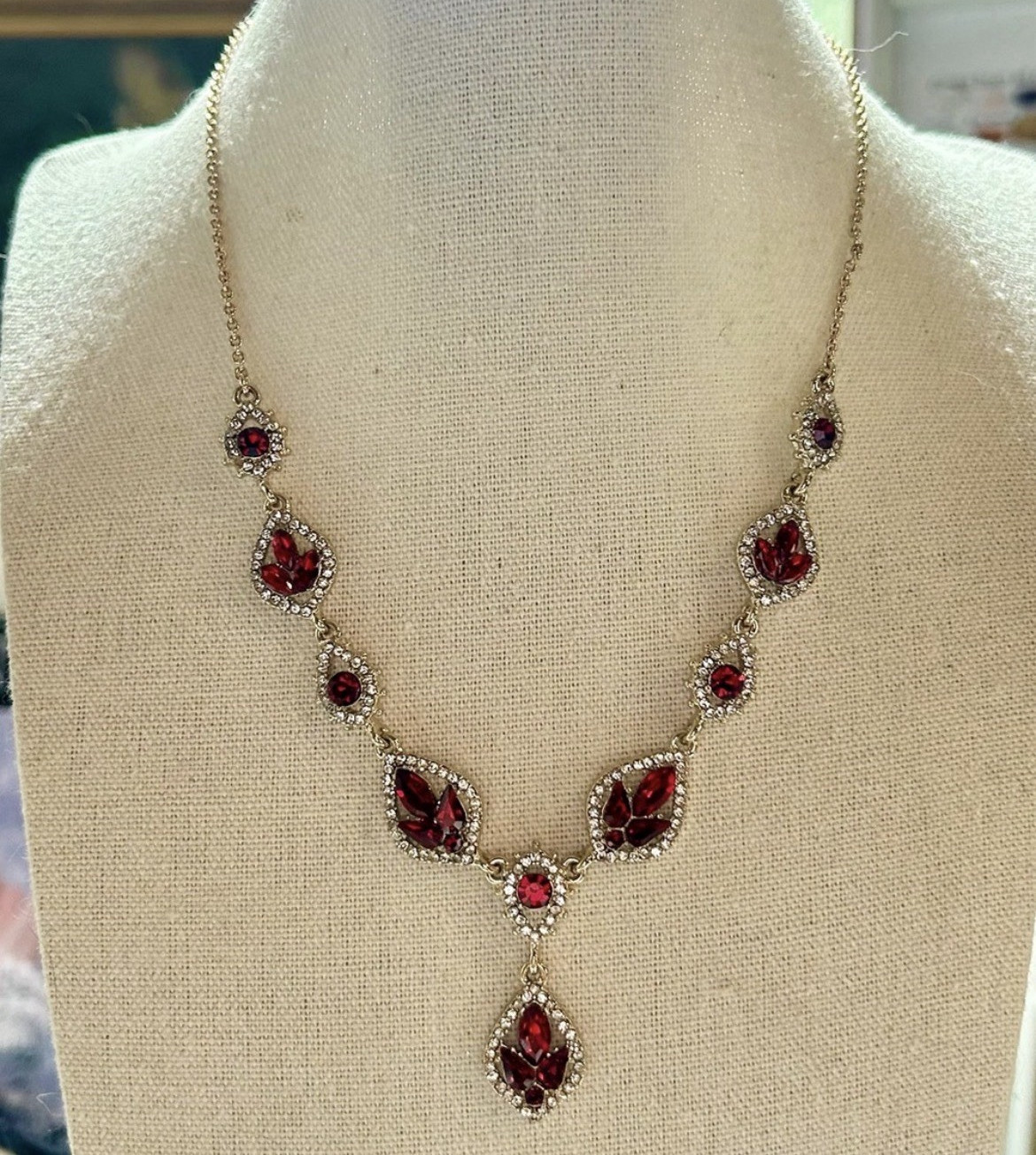 Marchesa Gold Tone Red Crystal Pavé Teardrop Pendant Necklace Lobster Clasp
