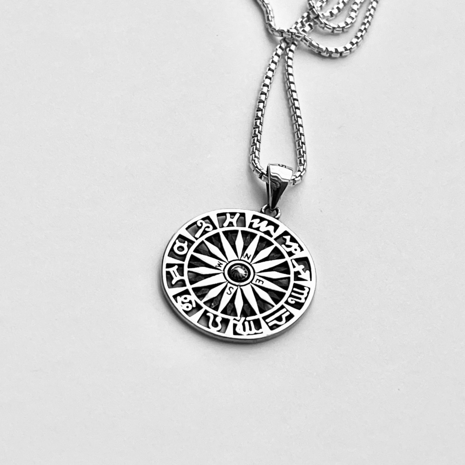 Sterling Silver Unisex Zodiac Wheel and Compass Necklace, Zodiac Signs Chain