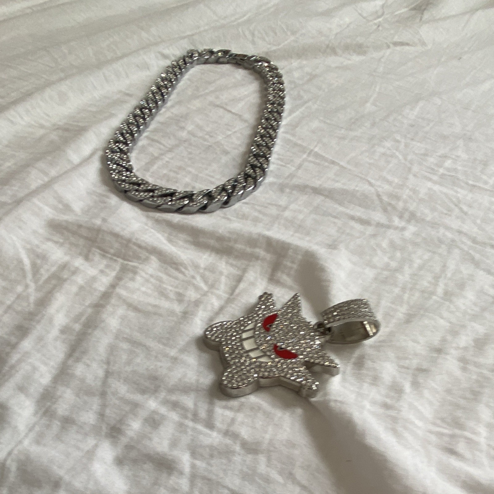 Silver Cuban Link Chain Necklace Gengar Charm Pendant Pavé Rhinestone Box